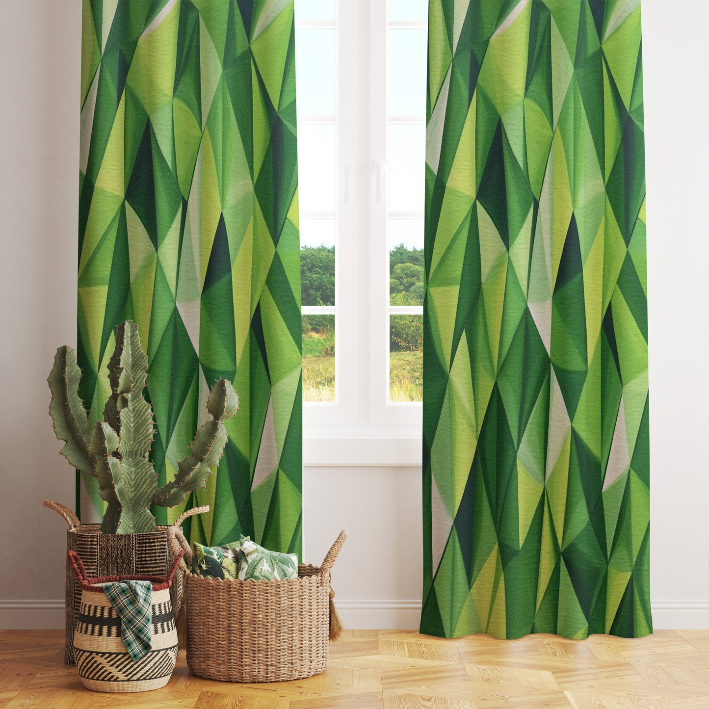 Green Botanical Printed Curtains Leafy Greens Window Panels