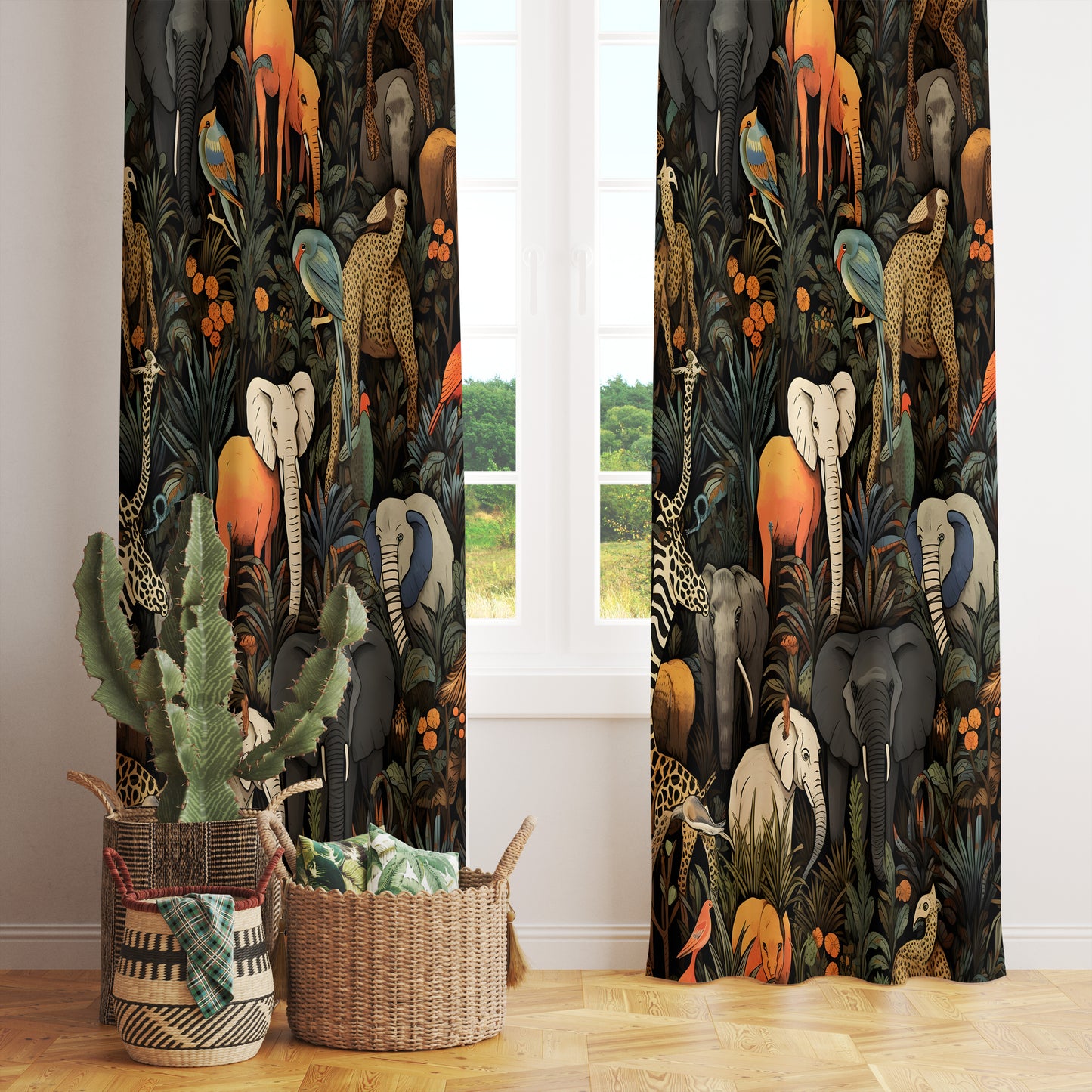 Leopard & Elephant Jungle Exotic Flower Curtains