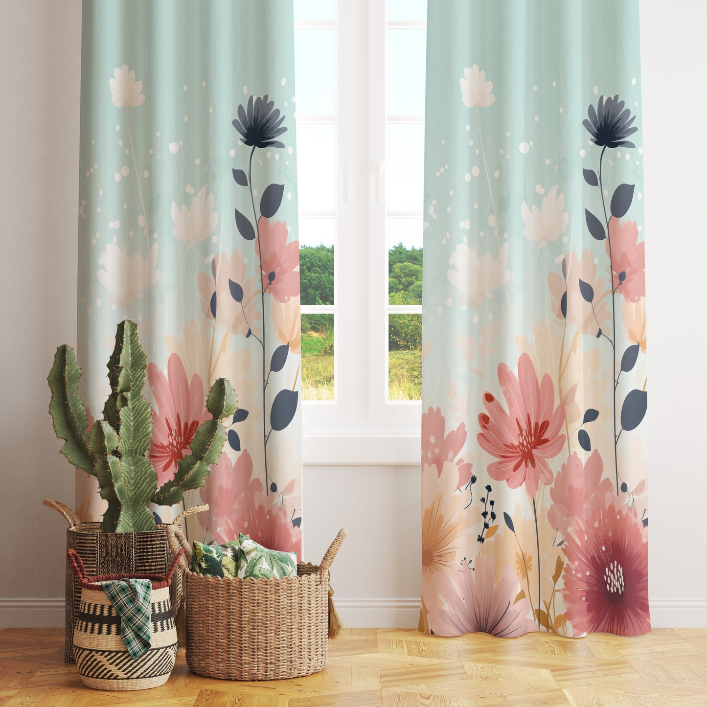 Blossom Leaves Watercolor Flower Curtain