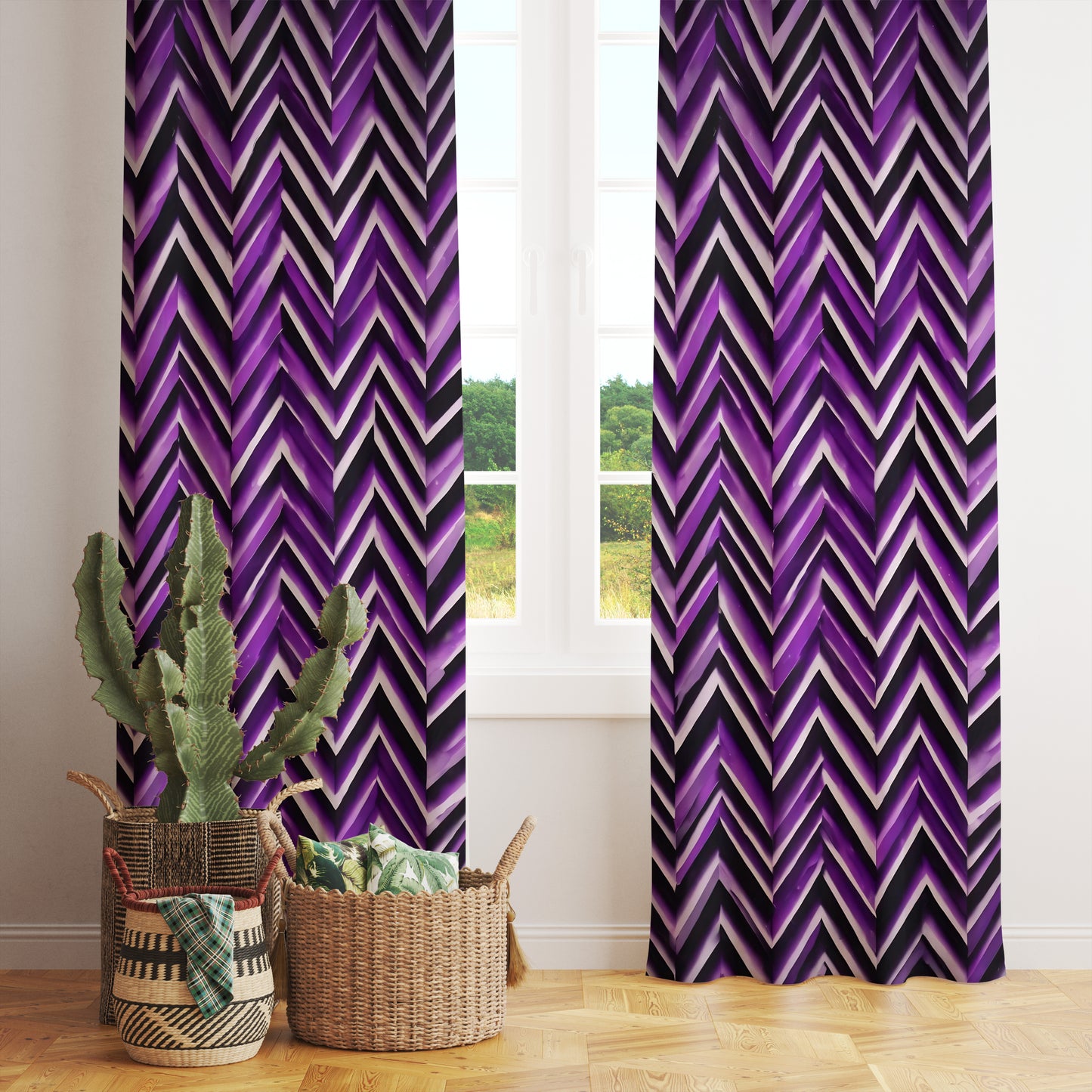 Floral Lavender Curtains Purple Leaves Zigzag Drape