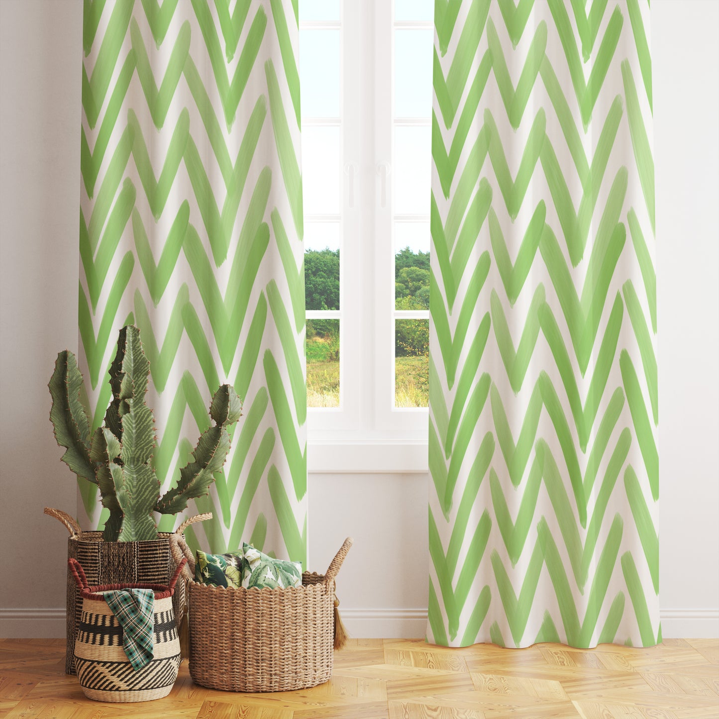 Green Boho Watercolor Curtains Abstract Chevron Drape