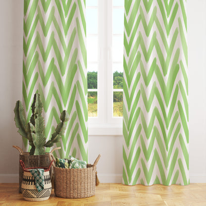 Green Boho Watercolor Curtains Abstract Chevron Drape