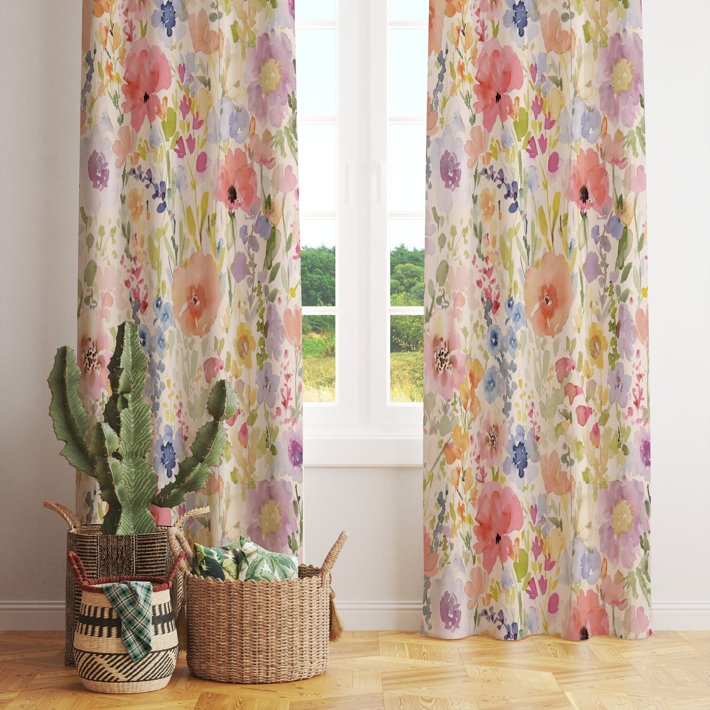 Blossom Leaves Watercolor Flower Curtain