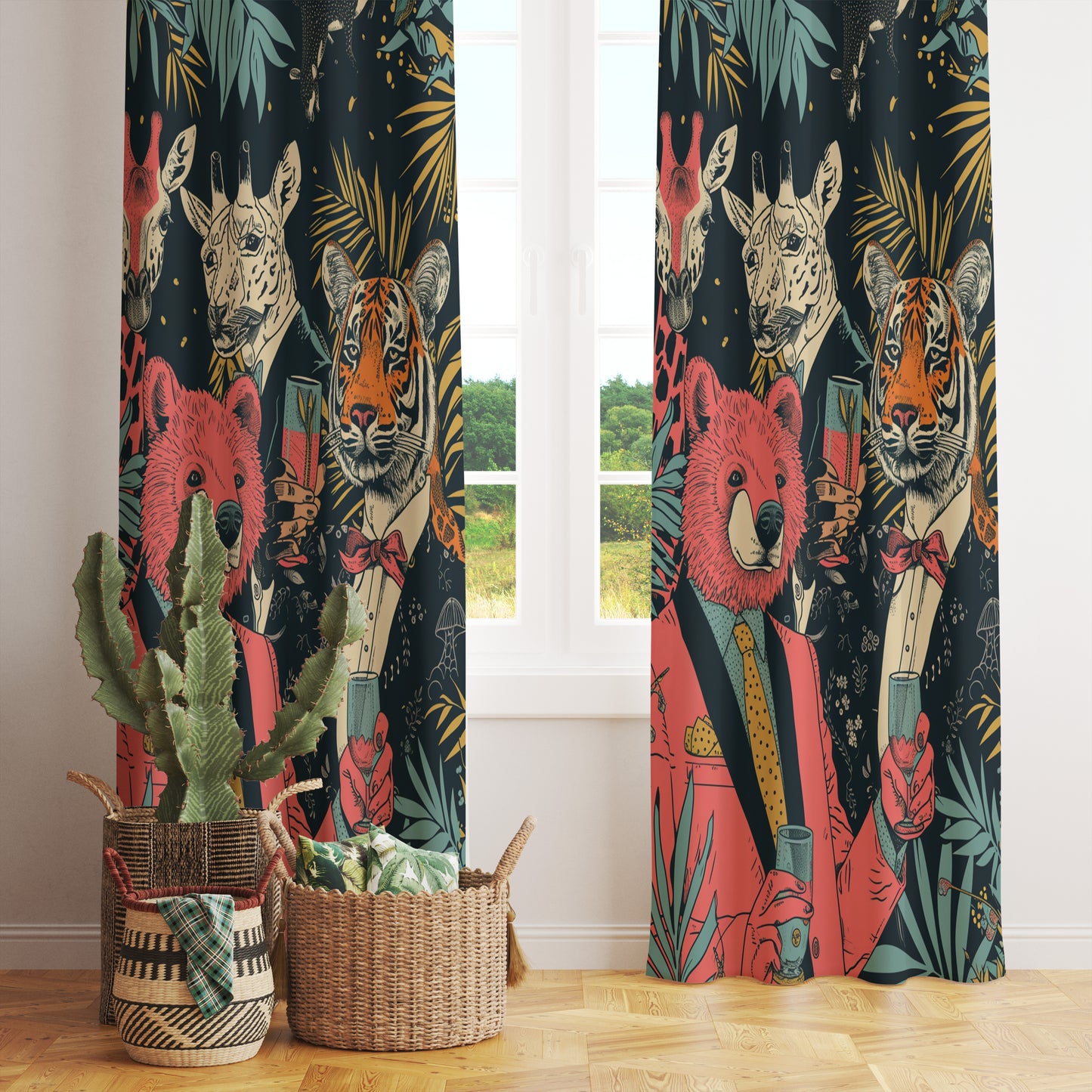 Safari Animals Exotic Flower Green Botanical Curtains