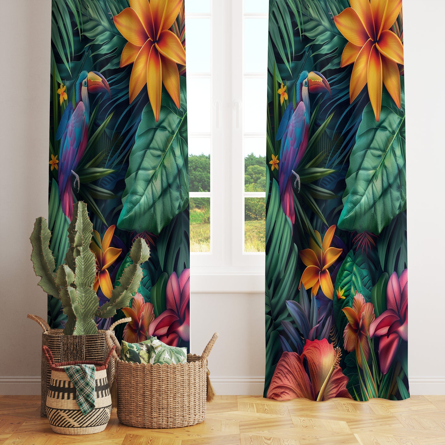 Leopard & Elephant Jungle Exotic Flower Curtains